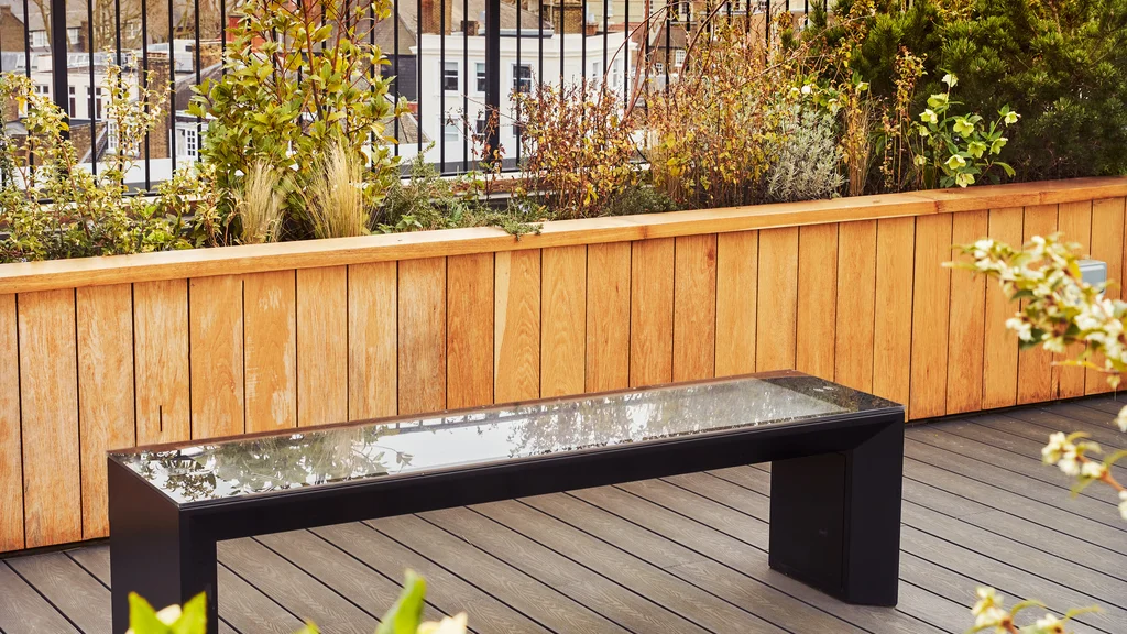 Bench on rooftop of Holbein Gardens