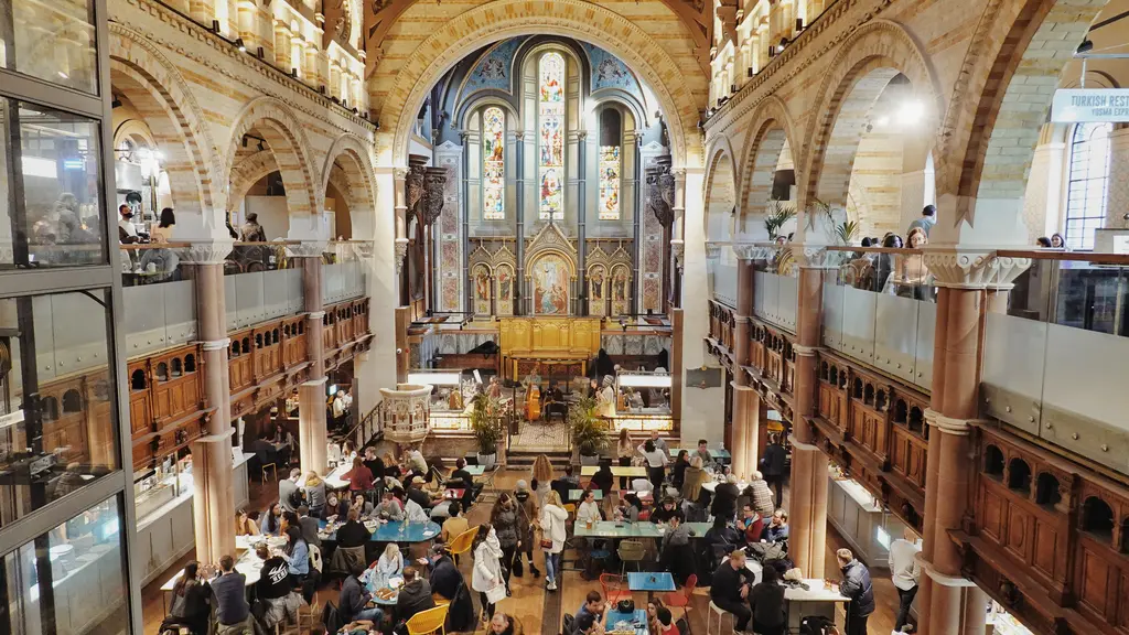 The inside of a food hall within a church