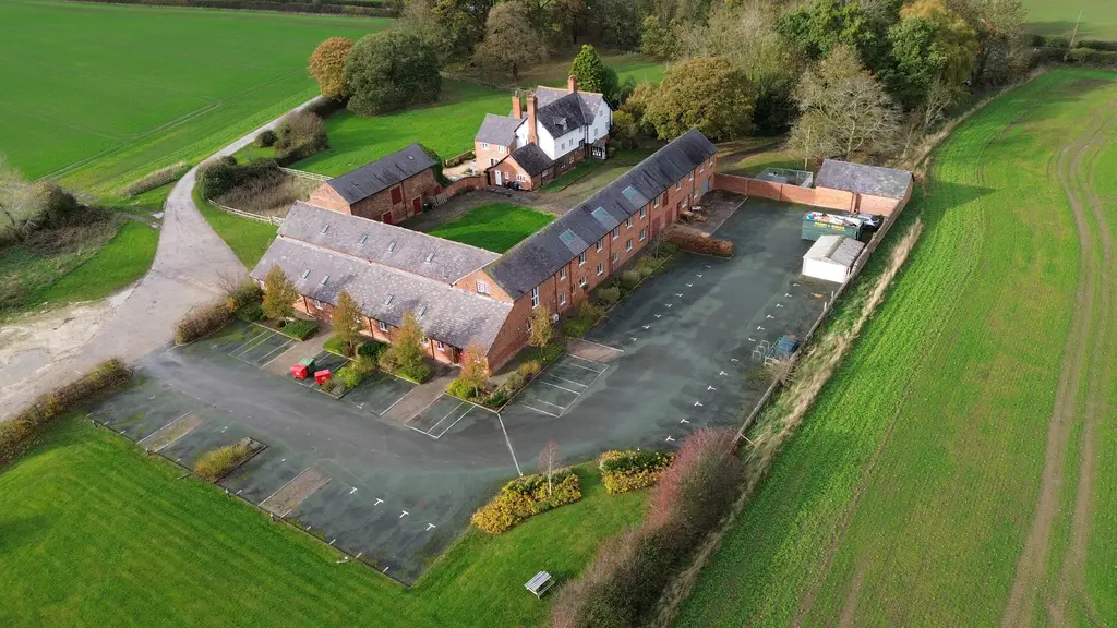 Birds eye view of offices and surrounding countryside 