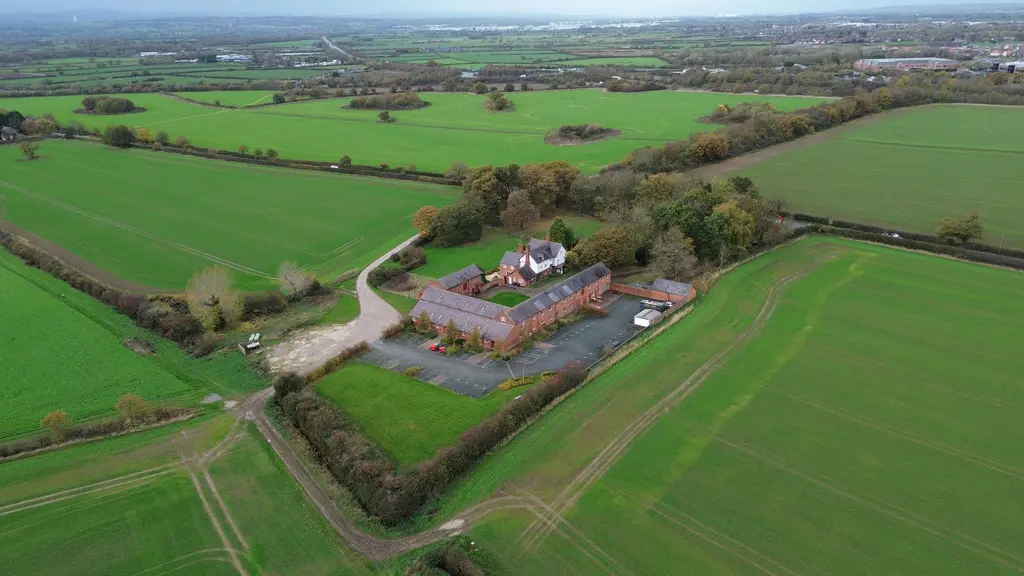 Birds eye view of offices and surrounding countryside 