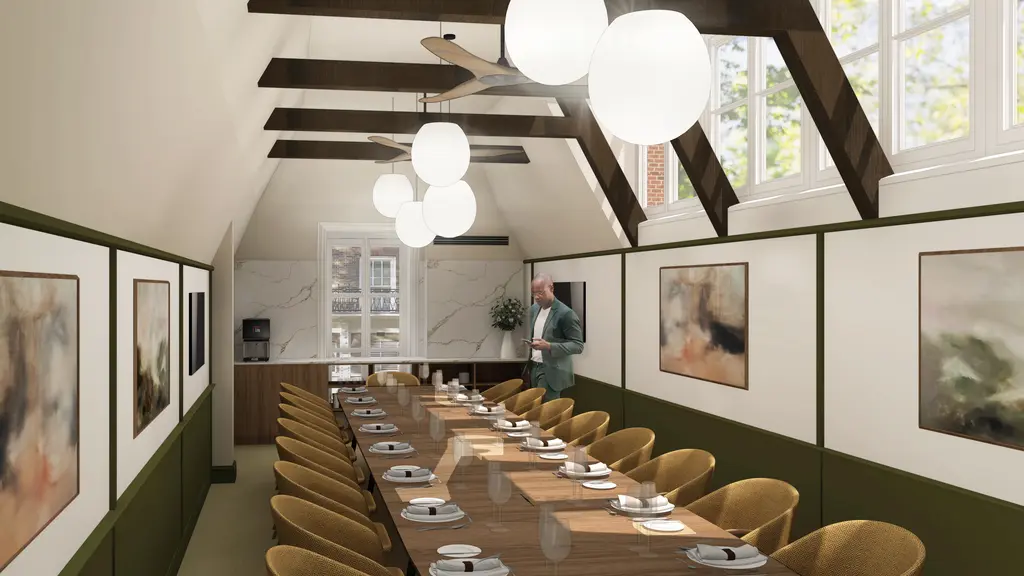 Meeting room with long table and chairs 