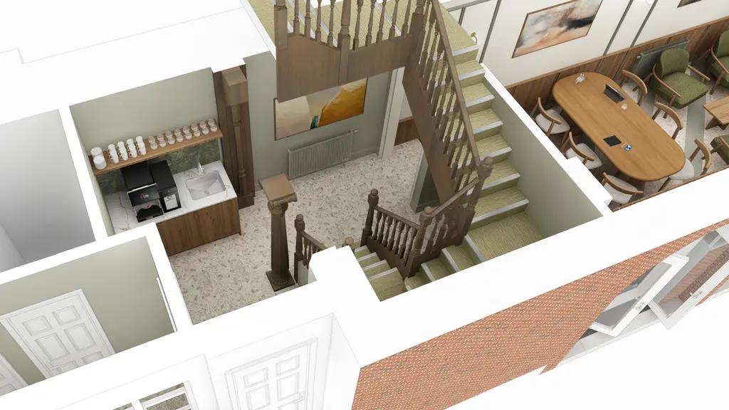 Axo showing the stairs in The Garden House 